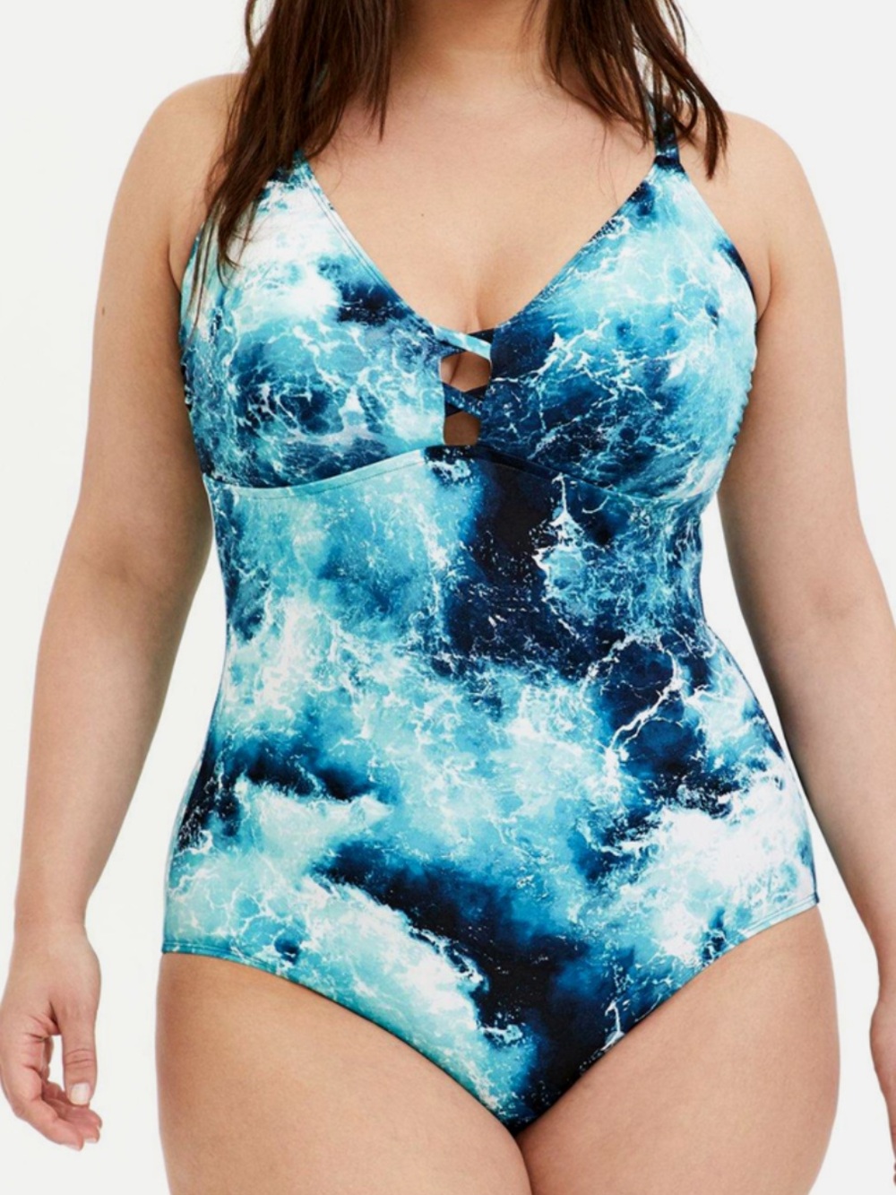 Womens Torrid Blue Ocean Lace Back Wireless One-Piece Swimsuit